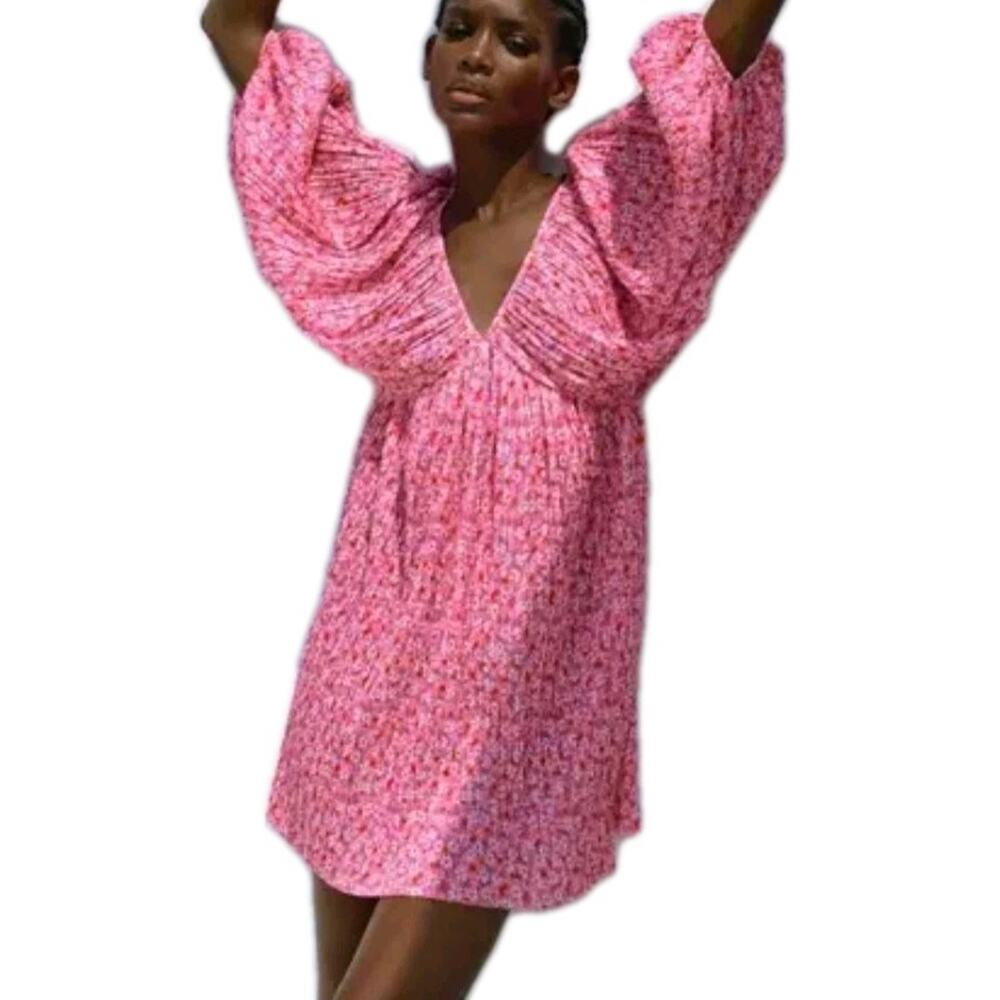 Zara Micro Pleat Plunge Babydoll Dress Floral Print Statement Puff Sleeve Medium